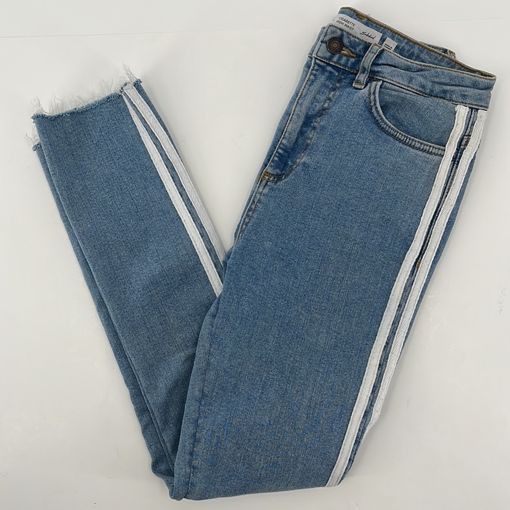 Subdued High Rise Cigarette Skinny Jeans Side Track Stripe Raw Hem 26